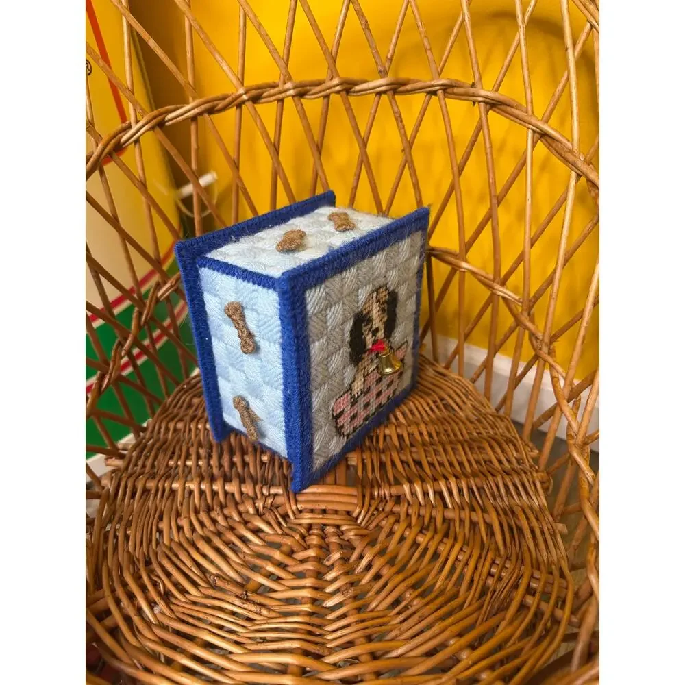 Baby blue dog bone treat Box Holder Cover Cross Stitch Handmade
